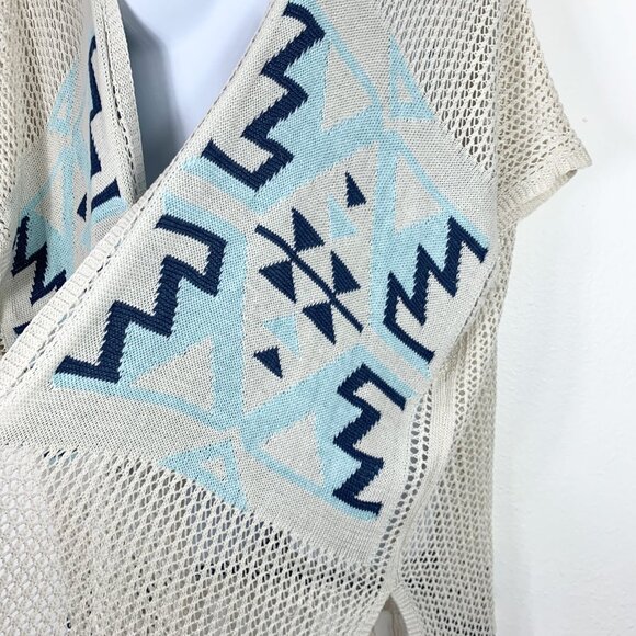 Areve Cardigan Sweater Fringe Ends Southwestern Design Blue Cream S M - Picture 2 of 5